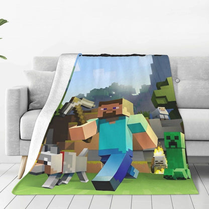 Cartoon Mines Pixel Game Crafts Flannel Blanket Super Warm Throw Blanket for Home Decor Decorative Street Trend Bedspread