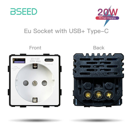 BSEED EU Standard Wall Socket with USB RJ45 TV Satellite Plug Glass Panel DIY Free Combination Function Part for Home Automation