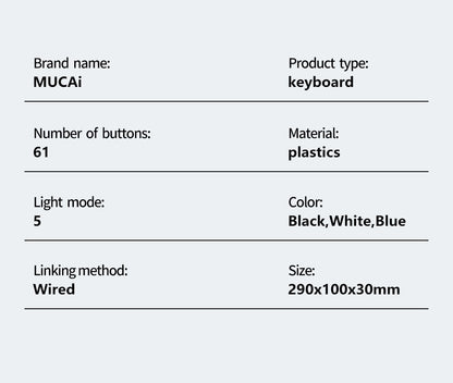 Teclado Mecânico Gamer MUCAI MK61 USB Esports 61 Teclas Eixo Vermelho Com Fio Cabo Destacável Retroiluminação RGB Hot Swap