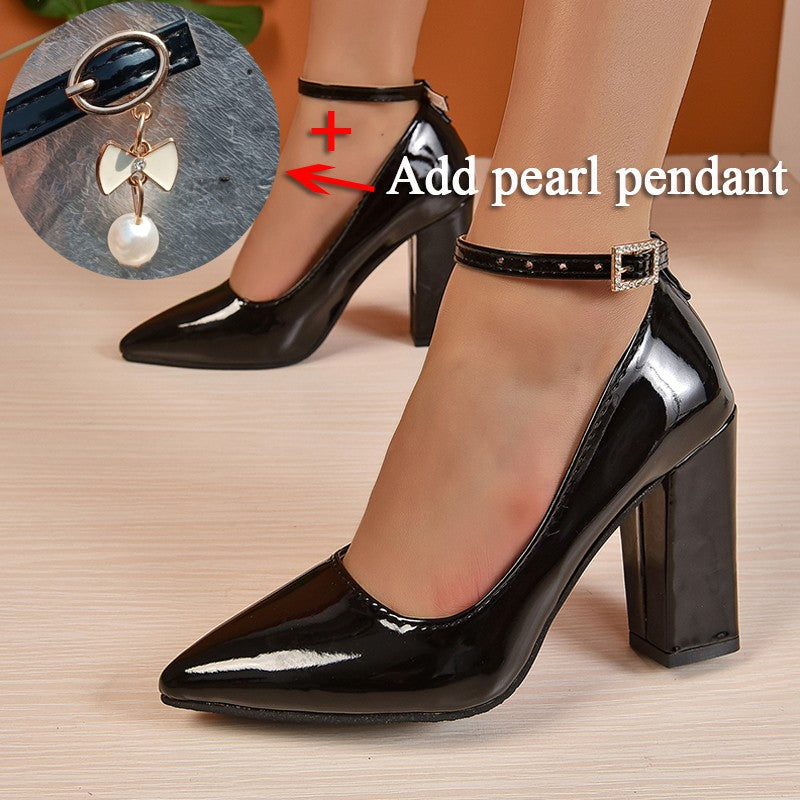 Black 10cm Super High Heel Pumps Women Shoes Pointed Toe Fashion Crystals Pearl Pendant Pimp Buckle Patent Leather Big Size 50