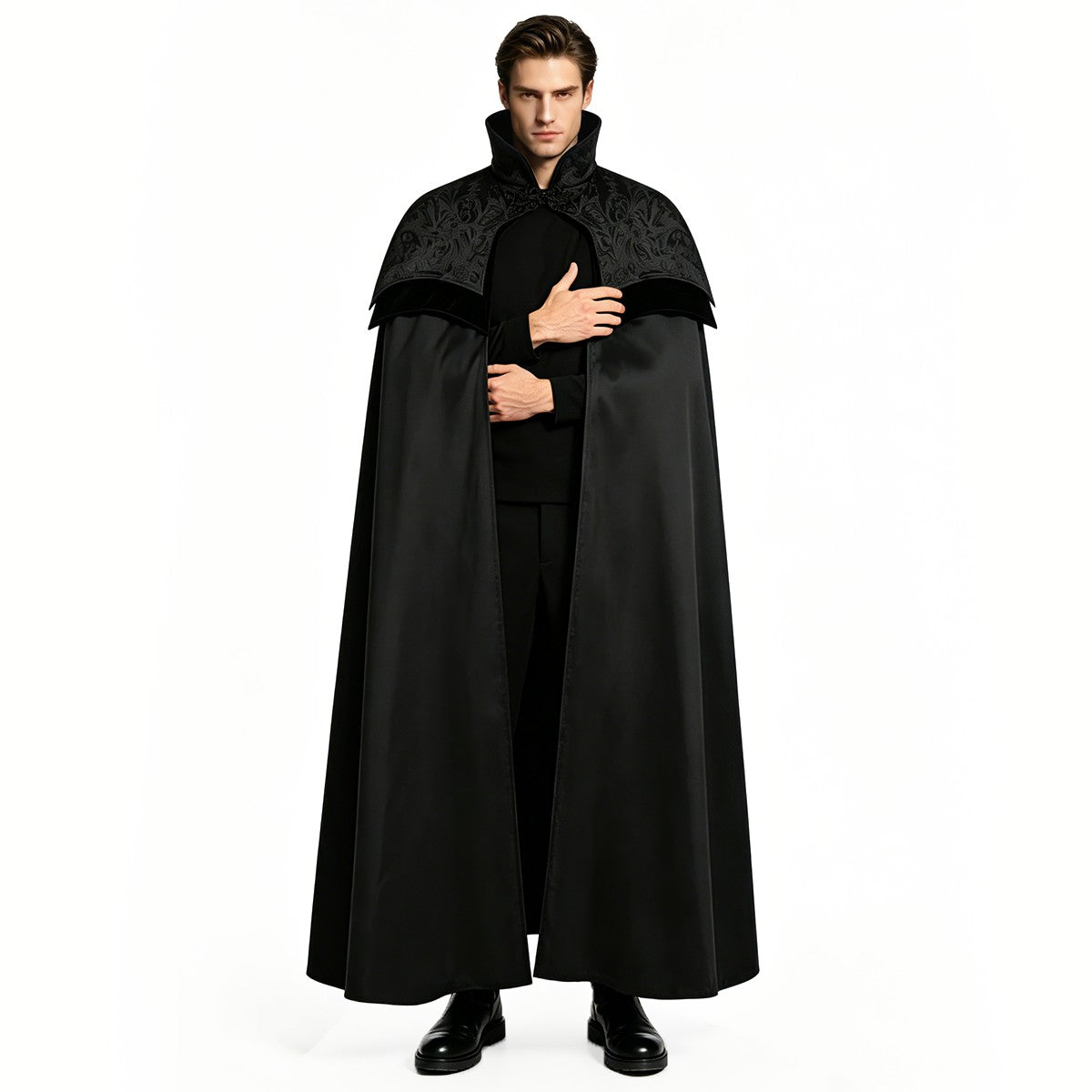 Men's Gothic Long Poncho Vampire Costume Halloween Cosplay Clothing Medieval Steampunk Stand Up Collar Black Wizard Costumes