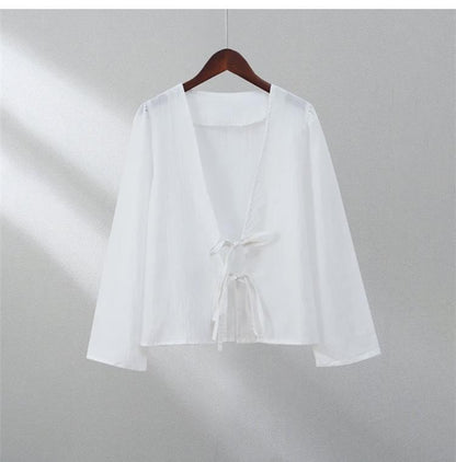 C.NEW S 2024 Spring New Female Street Tops Green Linen Lace Up Long Sleeve For Women Fashion Chic Casual Loose V Neck Shirt