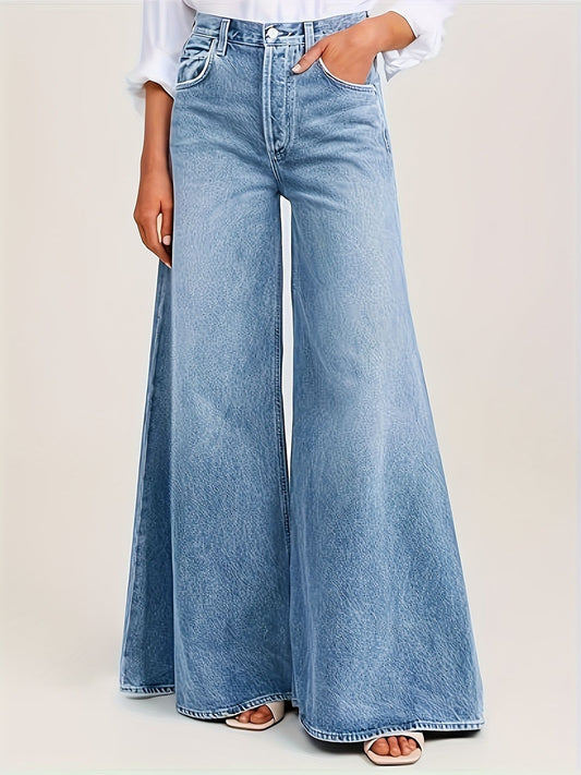 High-waisted light blue faded loose A-line wide-leg women's jeans