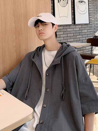 Gmiixder Hooded Short-sleeved Shirts for Men Women Japan Summer Trend Cityboy Solid Blouse Unisex Cargo Button Up Shirt Jacket