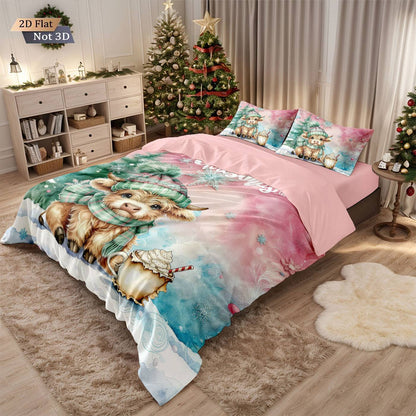 3pcs Christmas Pink Highland Cow Print Coreless Bedding Set Multi Sized Bedding Bedding Decoration Comfortable Machine Washable