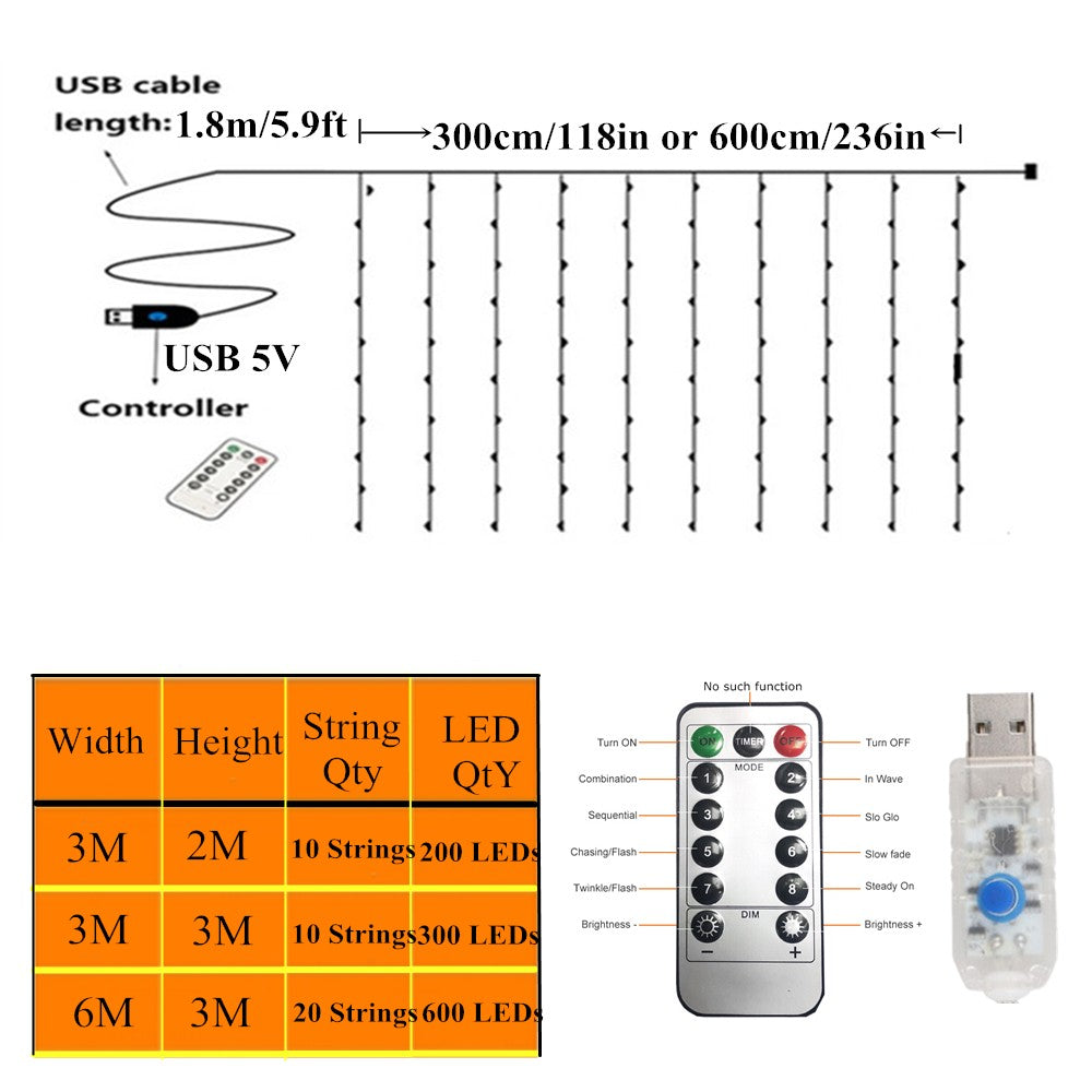 LED Curtain String Lights Holiday Garland 6M/3M 8 Modes USB Powered Festoon for Home Garden Christmas Party New Year Wedding