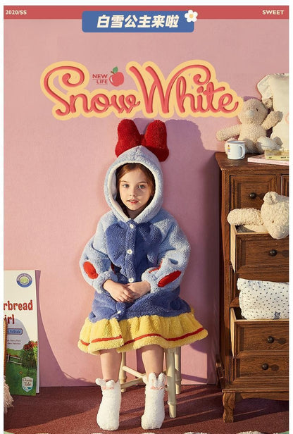 Disney Snow White Kids Hooded Robe Winter Princess Child Thick Keep Warm Long Nightgown Front Button Coral Fleece Soft Bathrobe