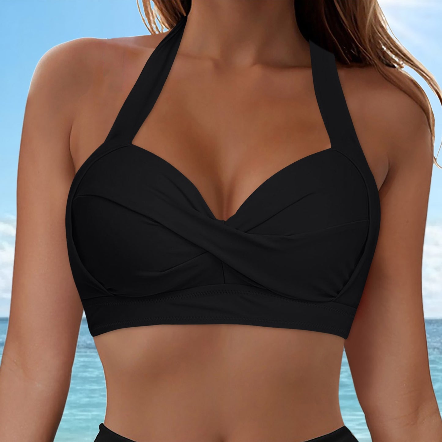 Halter Neck Push Up Bikinis Tops Women 2025 New Chest Padded Solid Swimwears Bikinis Top For Women Summer Beach Bathing Suit