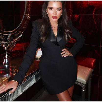 Fashion Solid Cinched-waist Mini Dress Women Elegant Lapel Full Sleeve V-neck A-line High Waist Dresses Lady Office Commute Gown