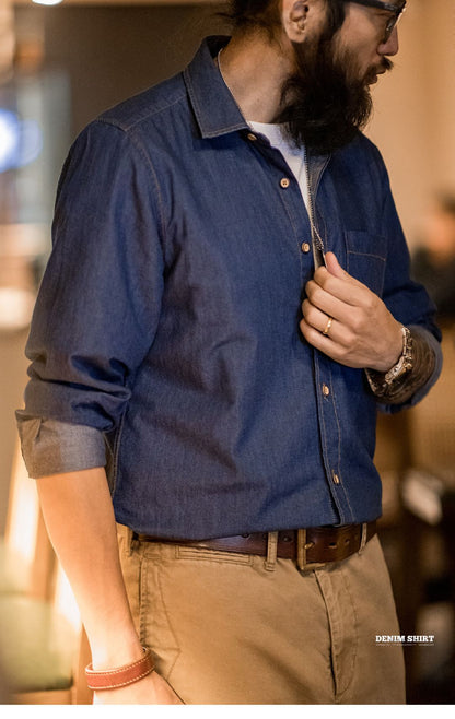 Maden Men Vintage Single Pocket Workwear Denim Shirt Long Sleeved Slim Fit Casual Shirt Single Breasted Turn-Down Collar Blouse