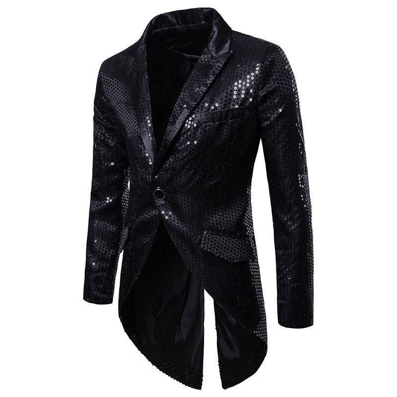 Gold Men's V-Neck Long Sleeve Tuxedo, TV Performance Magic Long Jacket Shiny Sequin Decoration Red Blue Black Blazer S-XXL