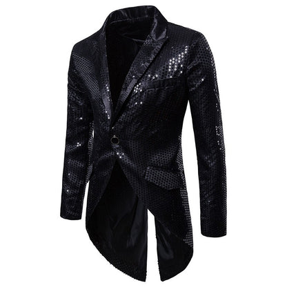 Gold Men's V-Neck Long Sleeve Tuxedo, TV Performance Magic Long Jacket Shiny Sequin Decoration Red Blue Black Blazer S-XXL