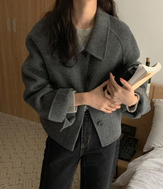 Chic Autumn Winter Vintage Unique Lapel Single Button Loose Versatile Casual  Color ort Woolen Coat for Women