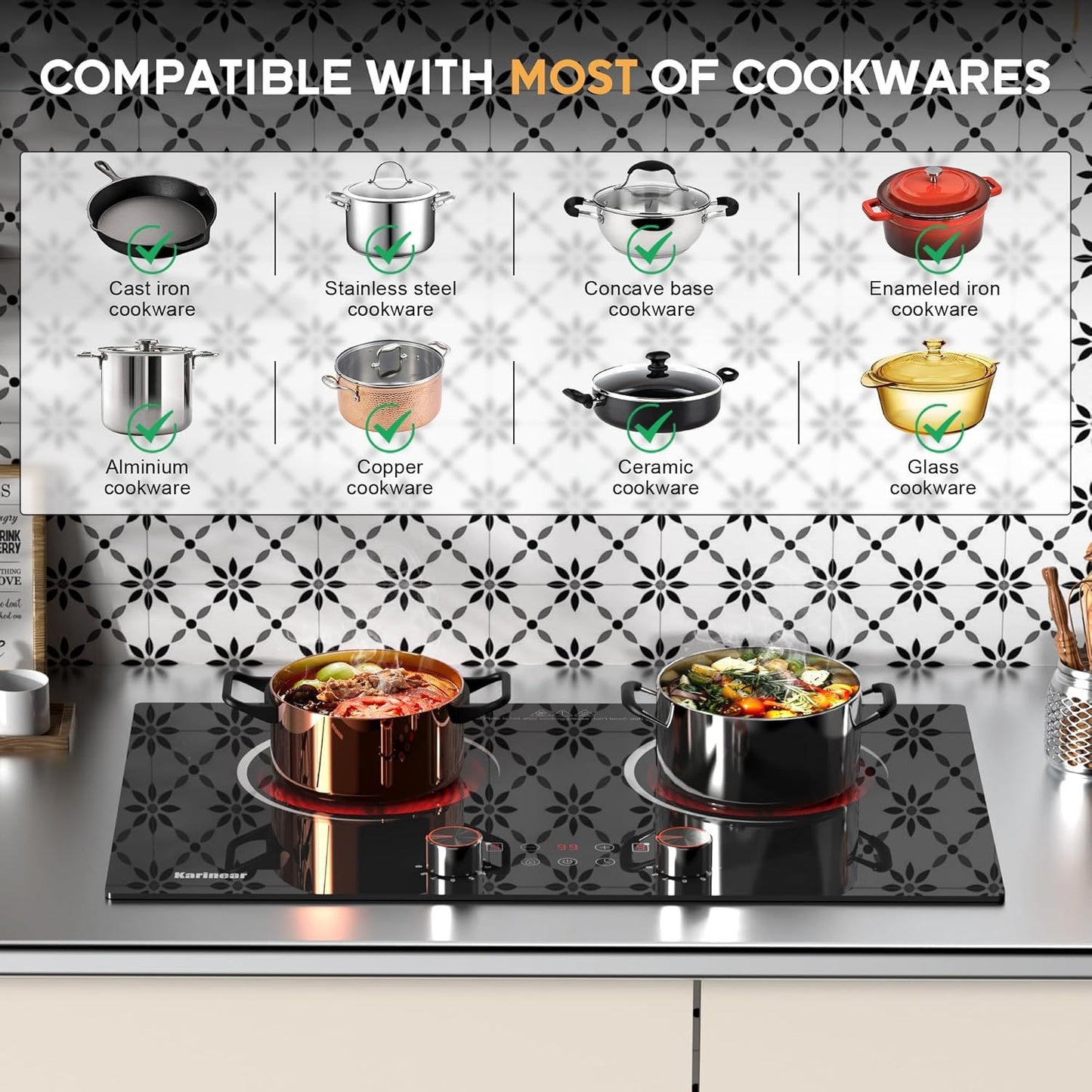 Karinear Electric Ceramic Cooktop 2 Burner, 110V,  2000W Knob Control & Sensor Touch for Countertop or Built-in Install, 24Inch