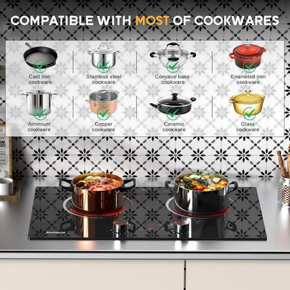 Karinear Electric Ceramic Cooktop 2 Burner, 110V,  2000W Knob Control & Sensor Touch for Countertop or Built-in Install, 24Inch