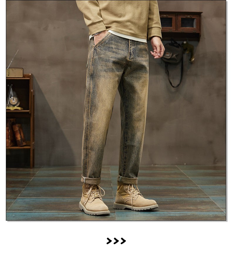 Autumn and Winter Men's Loose 95% Cotton Jeans Retro Yellow Mud  Street Hip-hop Baggy Harem Pants Outdoor Boys Workwear Pants