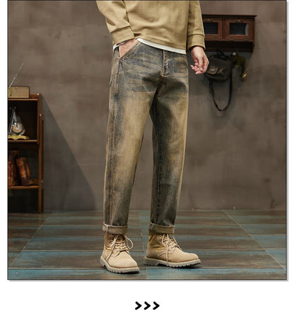 Autumn and Winter Men's Loose 95% Cotton Jeans Retro Yellow Mud  Street Hip-hop Baggy Harem Pants Outdoor Boys Workwear Pants
