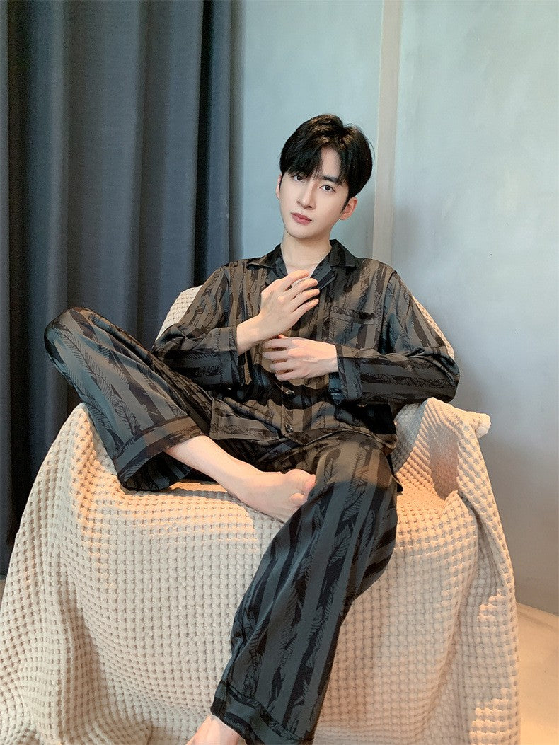 Large Size Ice Silk Men's Sleepwear 2025 New High-End V-Neck Thin Long Sleeved Two-Piece Set for Home Wear Youth Nightwear