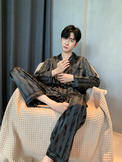 Large Size Ice Silk Men's Sleepwear 2025 New High-End V-Neck Thin Long Sleeved Two-Piece Set for Home Wear Youth Nightwear