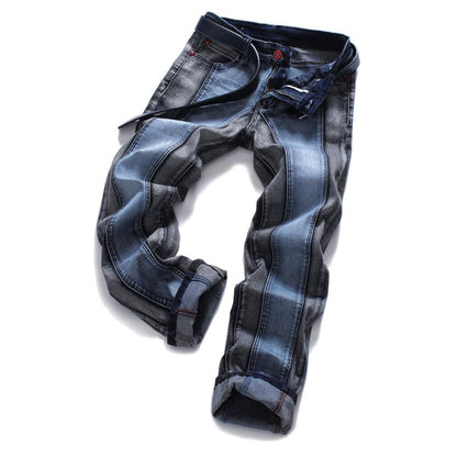 Calça jeans masculina patchwork, cintura média, moda, viagem, festa, versão confortável de elástico