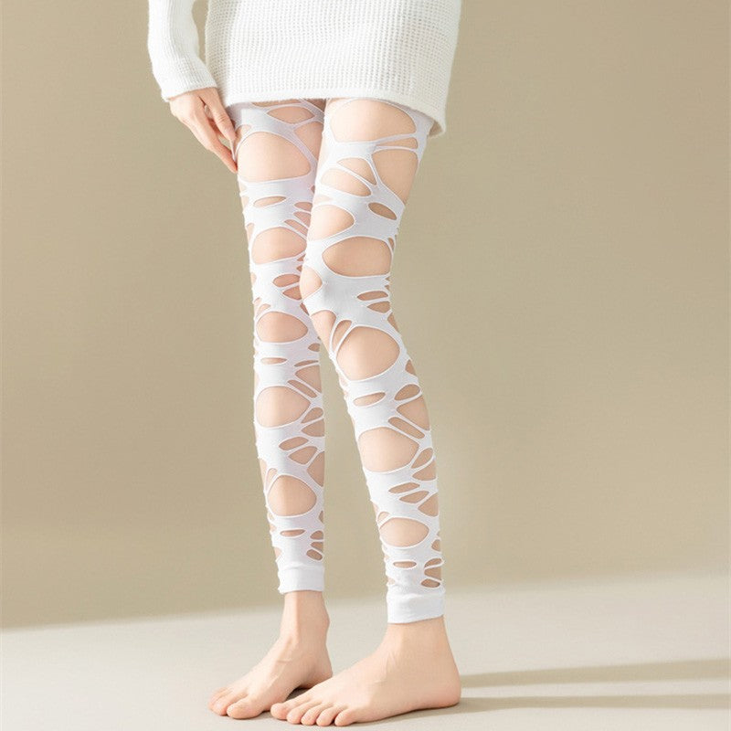 Women Gothic Punk Hollow Out Mesh Pantyhose Sexy Black Ripped Fishnet Tight Stockings Egirl Streetwear Leggings JK cropped Pants