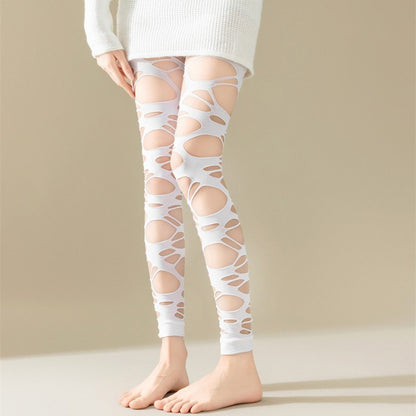 Women Gothic Punk Hollow Out Mesh Pantyhose Sexy Black Ripped Fishnet Tight Stockings Egirl Streetwear Leggings JK cropped Pants
