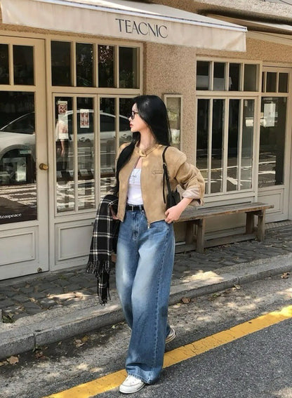 Retro American Coffee Brown Copper Zipper Button Short Jacket 2025 Autumn Trendy PU Leather Jacket Versatile for Dynamic Women