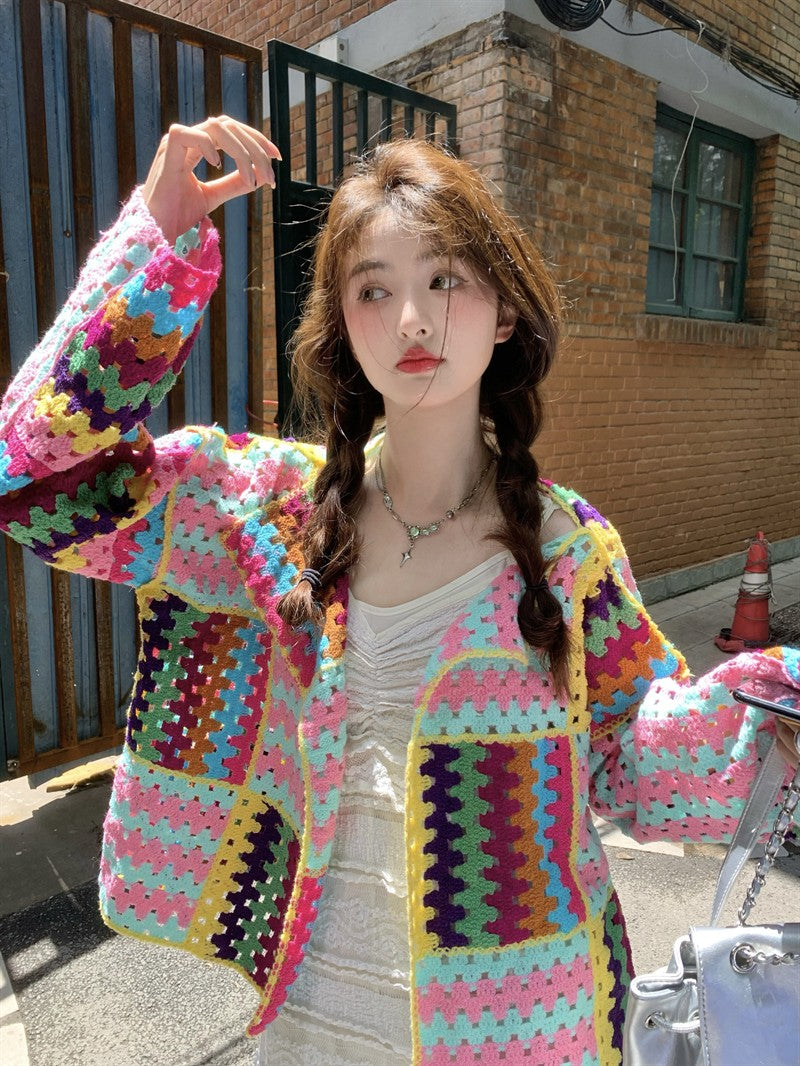 SALIENCY Colorful Crochet Knit Hollow Cardigan Sweater Jacket Women Spring Top Loose Short Knitwear
