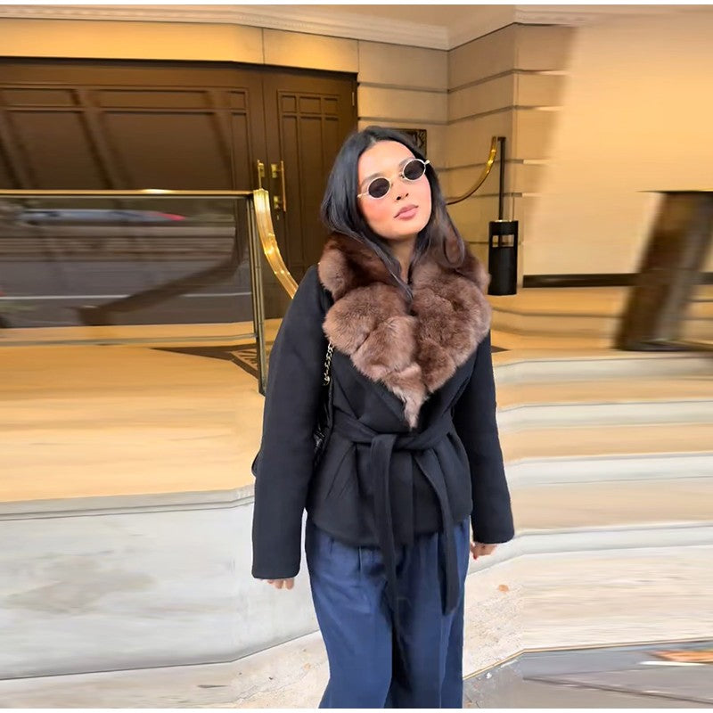 Elegant Faux Fur Lace Up Woolen Coat Women Shawl Collar Belted Waist Full Sleeve Coats Female Autumn Winter Fashion Lady Outwear