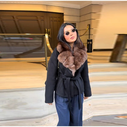 Elegant Faux Fur Lace Up Woolen Coat Women Shawl Collar Belted Waist Full Sleeve Coats Female Autumn Winter Fashion Lady Outwear