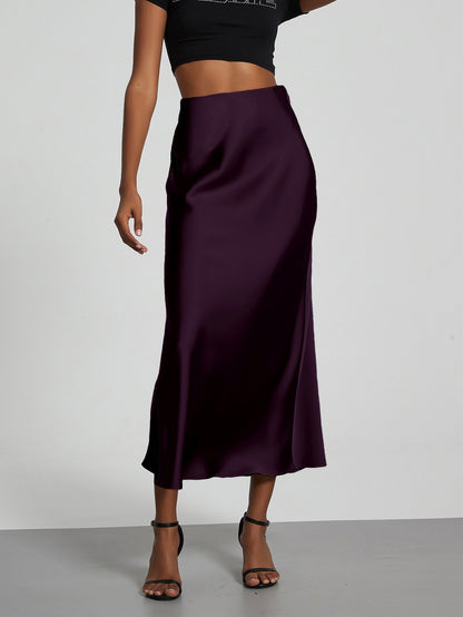 Fashion Satin Party Long Skirt High Waist Solid Color Casual Basic Women Skirts
