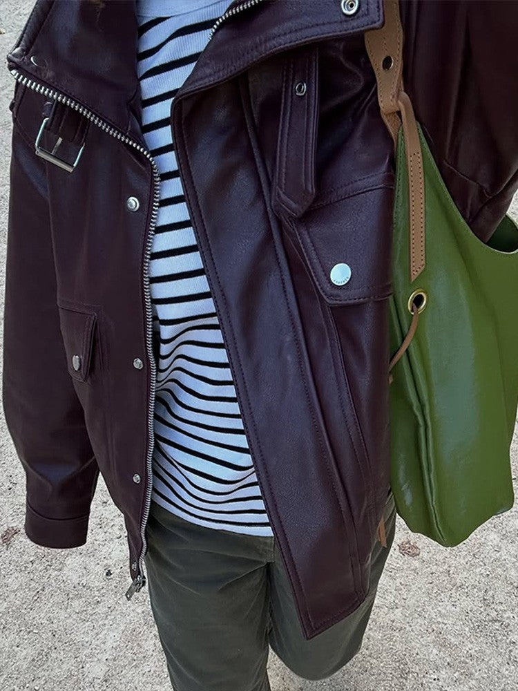 Fashion PU Leather Stand Up Coat for Women Casual Long Sleeve Zipper Lady Jackets 2025 Autumn New Female Outerwear High Street