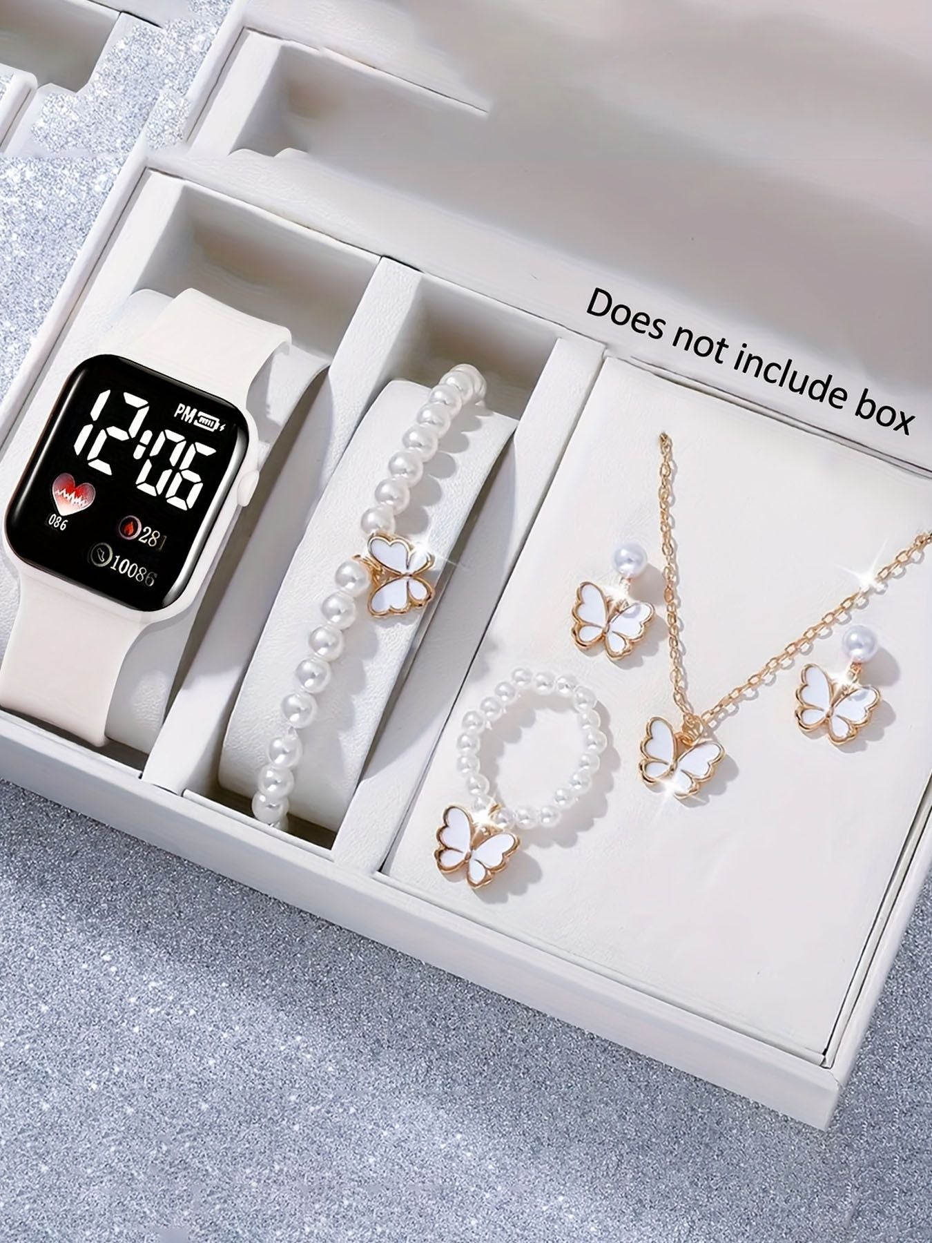 Set of 6 minimalist square LED watches with butterfly pearl jewelry