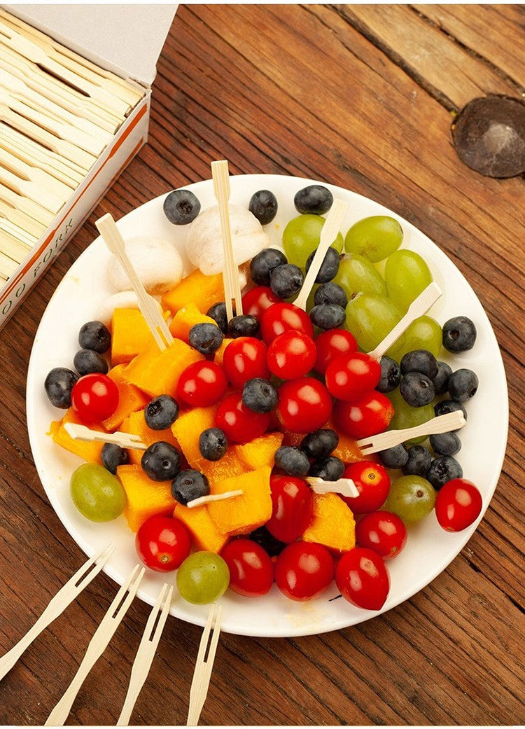 100 unidades de garfo de frutas de bambu descartável de madeira, palito de dente de frutas, conjunto de garfos de sobremesa, utensílios de mesa para festas em casa, garfos descartáveis SGC02