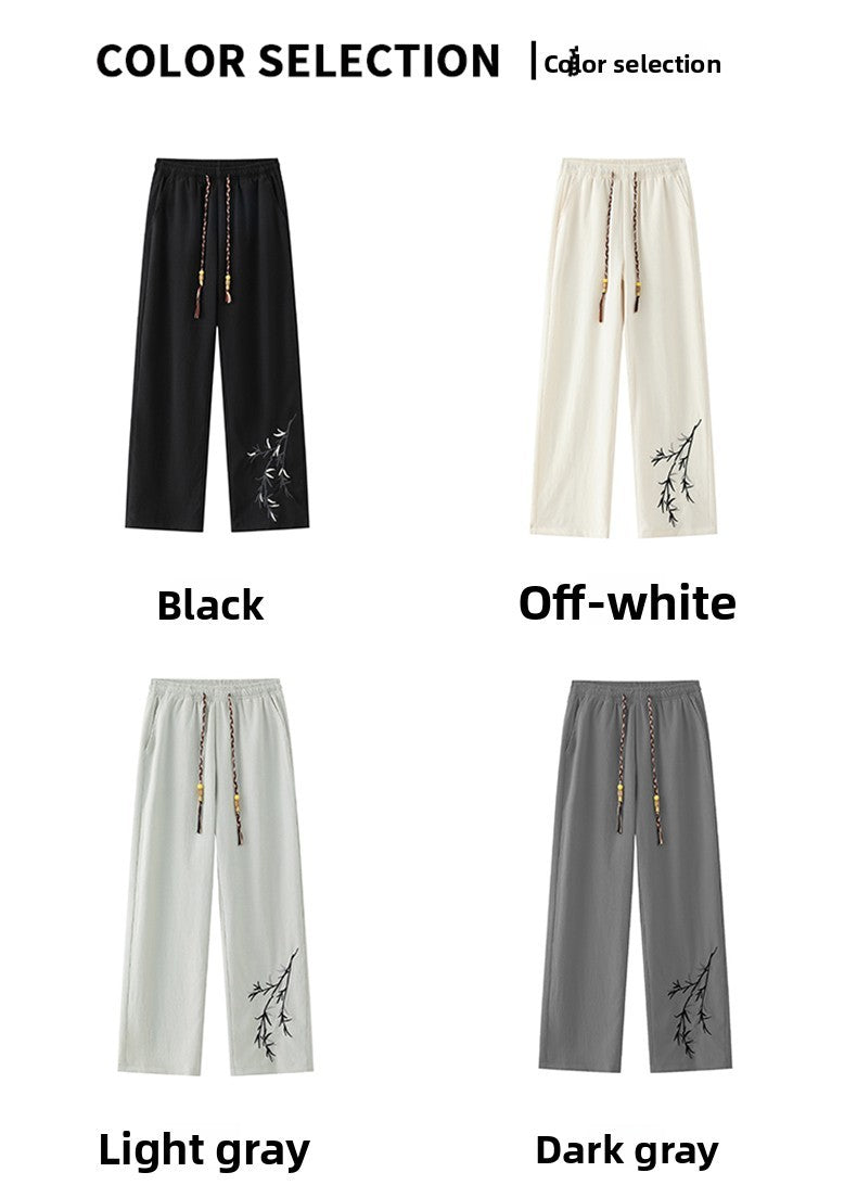 Novas Calças de Seda Gelo Chinesas Masculinas Verão Fina Solta Perna Larga Marca de Moda Seda Gelo Estilo Chinês Calças Casuais Bordadas Frescas
