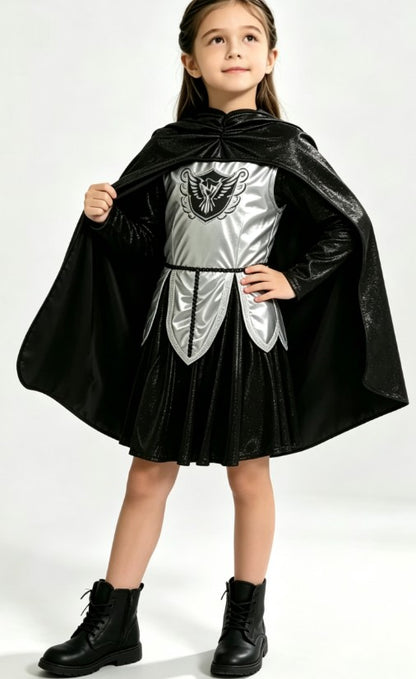 Girls Medieval Knight Dress Costume with Black Shiny Cape & Shield Emblem