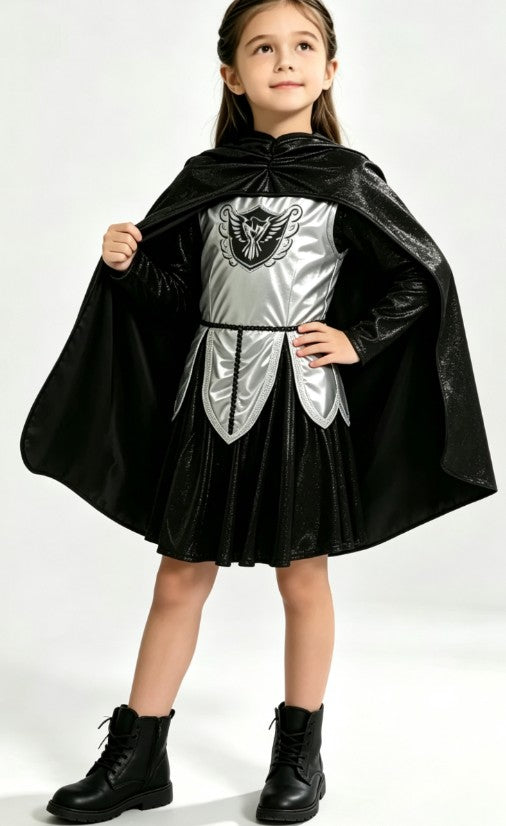 Girls Medieval Knight Dress Costume with Black Shiny Cape & Shield Emblem