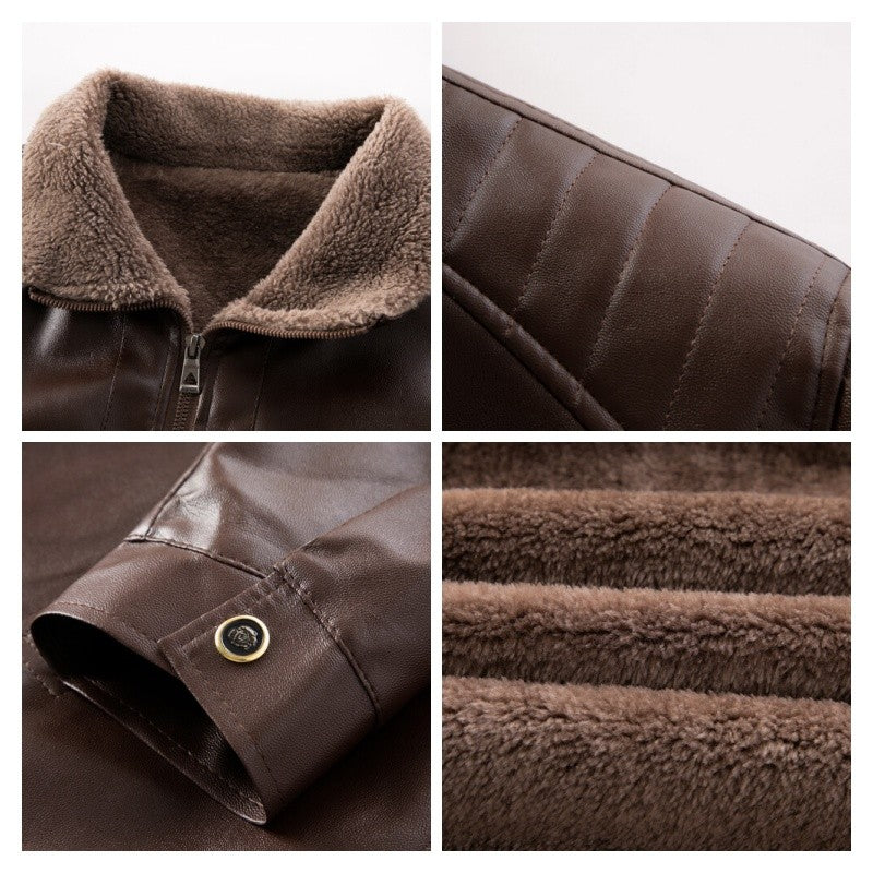 Men's Autumn and Winter Long Sleeved Leather Jacket with Fleece Collar for Warmth and Fashion Leather Jacket Men