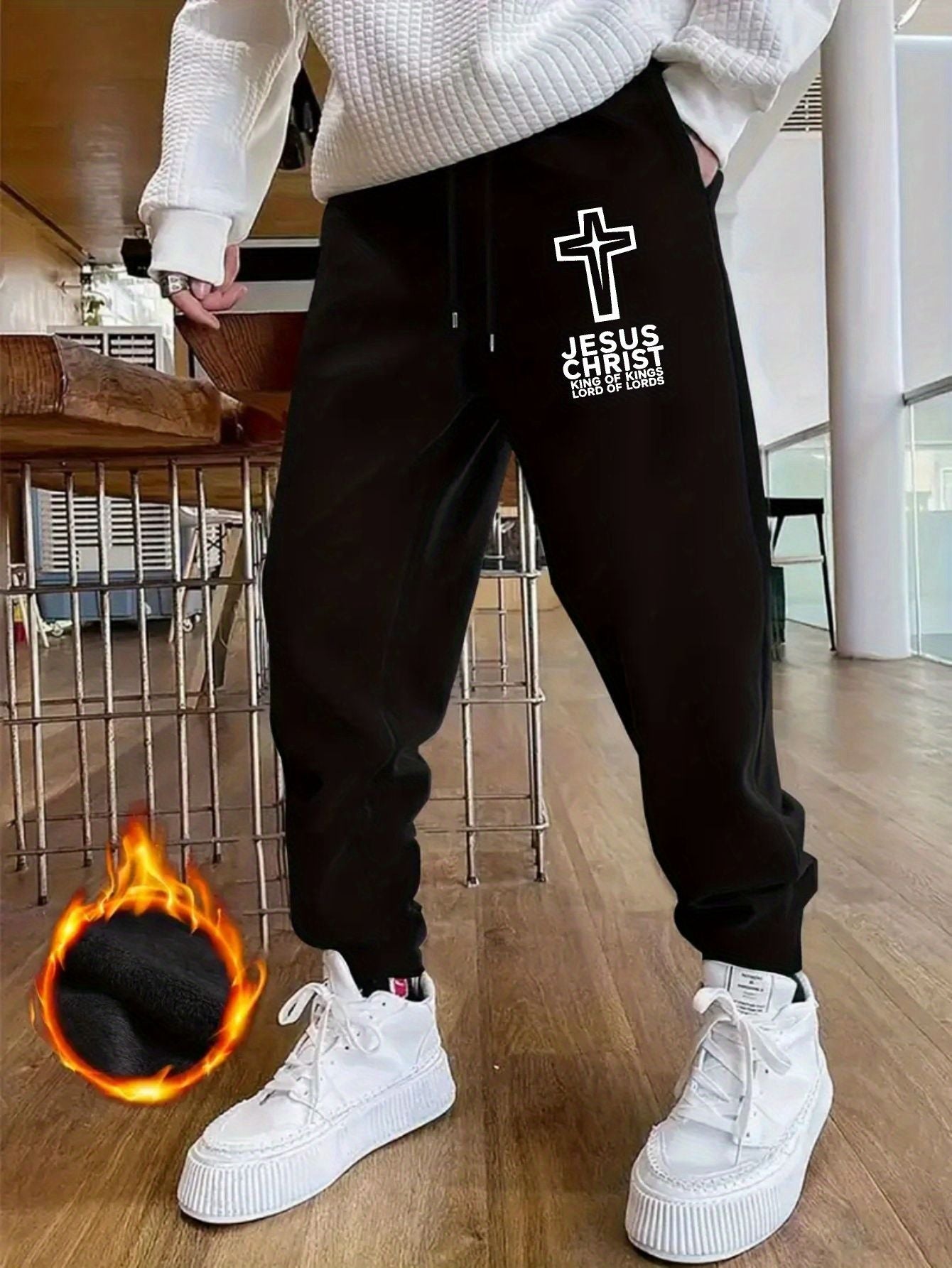 Calças de moletom masculinas com estampa de Jesus Cristo, calças casuais estampadas da moda com cordão, estampa de design de cruz, adequado para uso casual S-3X