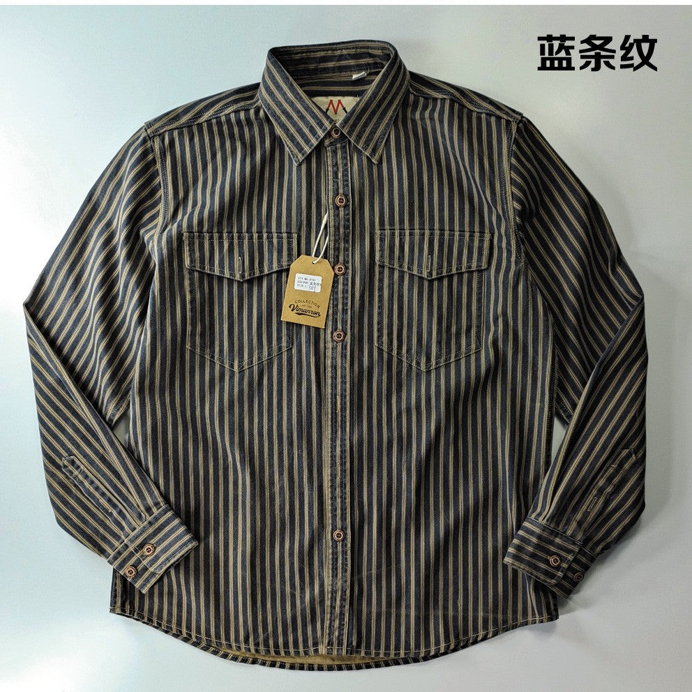 2025 Spring and Autumn New American Retro Woven Striped Cargo Shirt Men's Simple 100% Cotton Washed Double Pockets Thin Jacket