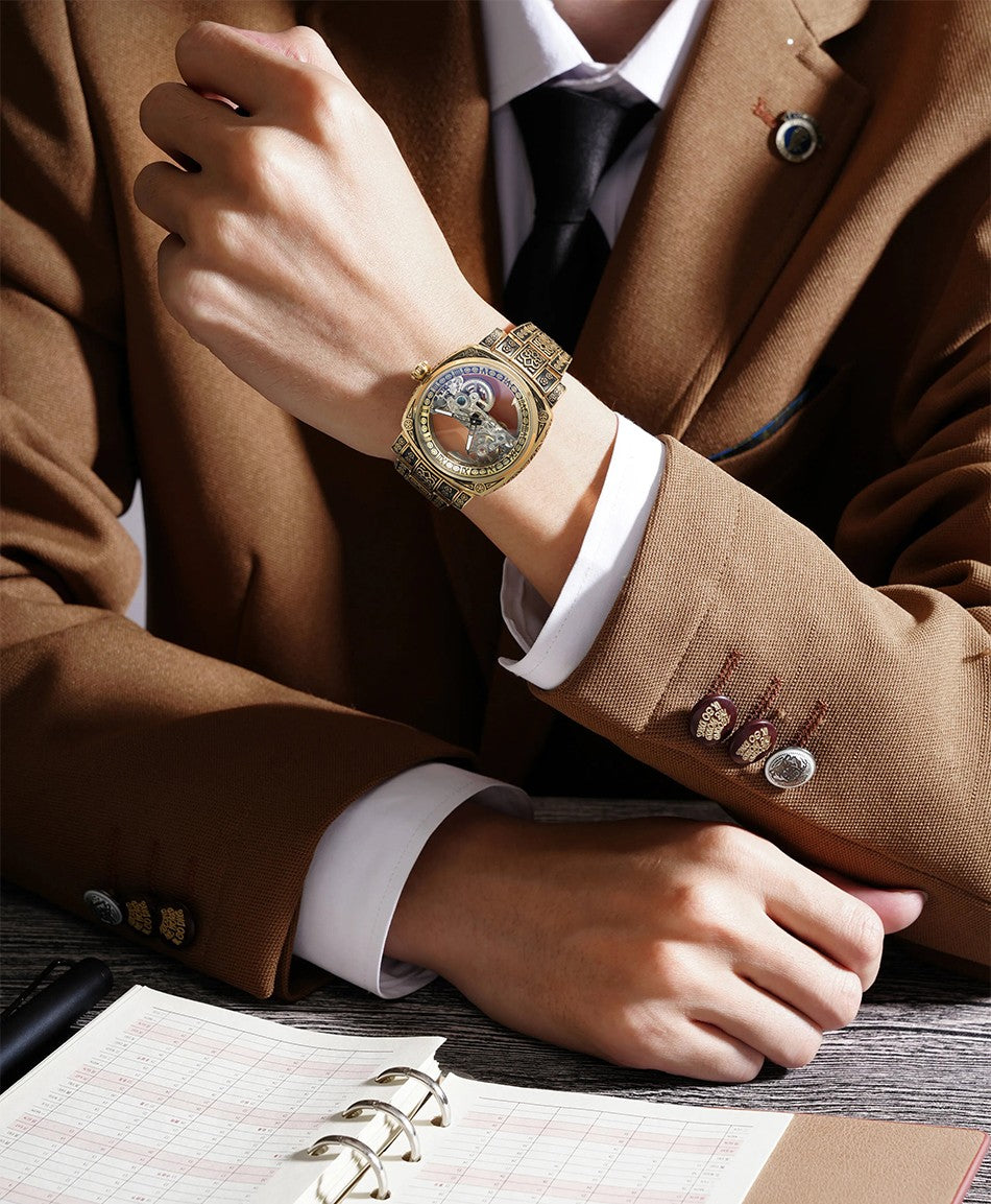 FORSINING High-end Luxury Gold Skeleton Mechanical Man Watch Automatic Movement Clock Stainless Steel Male Bronze Wrist Watches