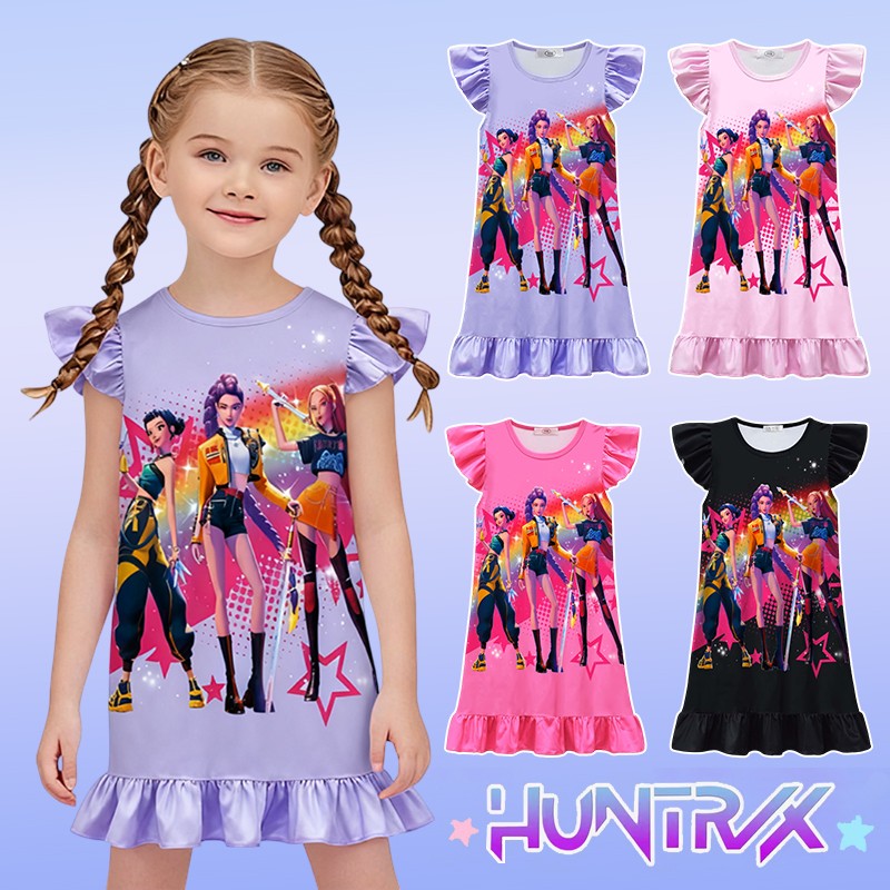 K-POP Demo Hunte Printed Sleeping Skirt Big Butterfly Sleeve Loose Pajamas Children Girls Sleeping Clothing Casual Home Wear