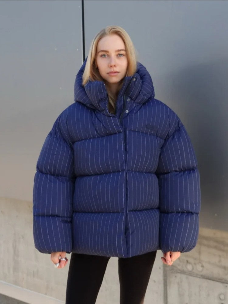 Women's Pinstripe Oversized Puffer Jacket Full Sleeve Detachable Hood Zipper Warm Coat 2025 Autumn Winter Female Casual Wear
