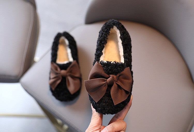 Girls Winter Shoes Cotton-padded Warm Cotton Fur Fluffy Children Flats Kids Loafers Slip-on Princess Sweet Anti-slippery Bowtie