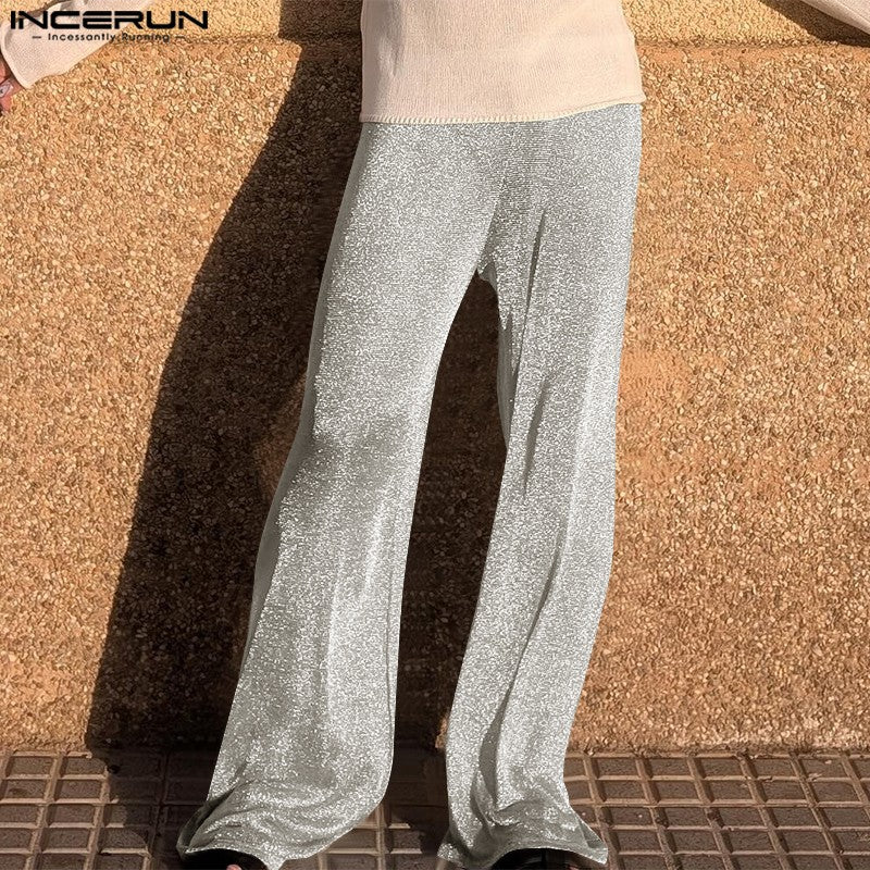 Shiny Men Casual Trousers 2024 Men Fashion Long Pnats INCERUN Elastic Waist See Through Wide Leg Bottoms Trousers Men