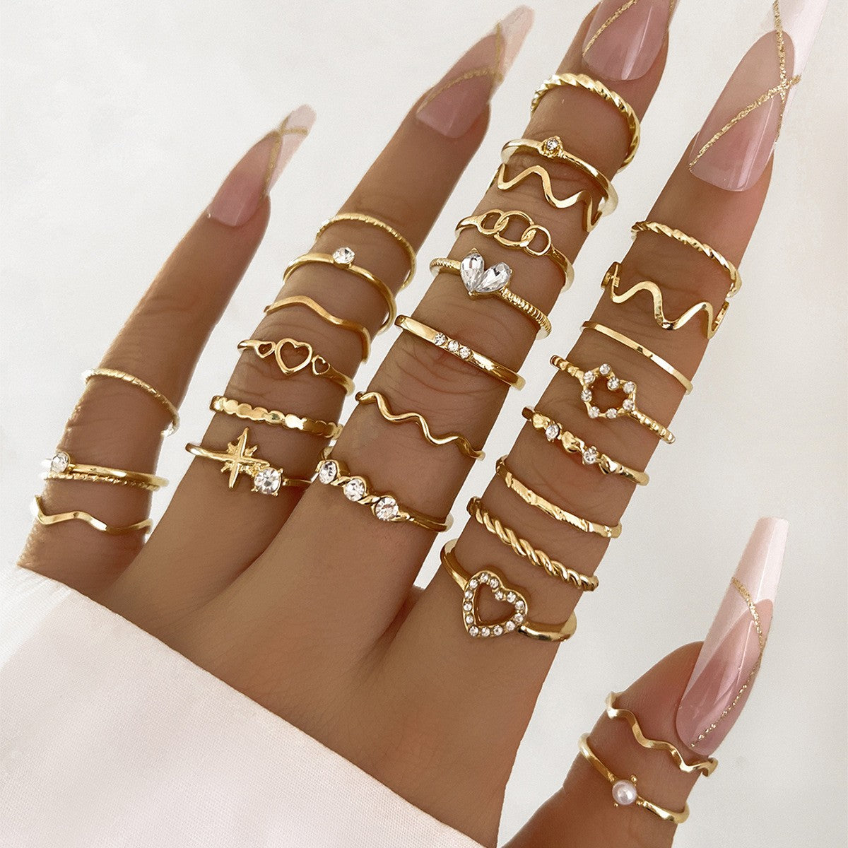 Conjunto de Anéis Articulados de Onda Simples de Moda para Mulheres Anel Feminino de Cor Ouro Prata em Formato de Coração de Cristal Joias de Festa