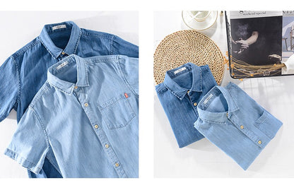 Men Denim Shirt , Thin Summer Half Sleeve Casual Top, Loose Trendy Handsome Short Sleeve ?Camping Denim Short Sleeve Jacket