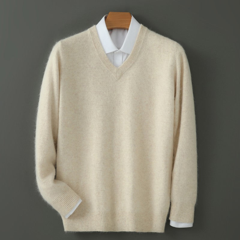 Autumn And Winter New Warm Pure Mink Cashmere Sweater Men's V-neck Pullover Thickened Plus Size Knitted Bottoming Shirt