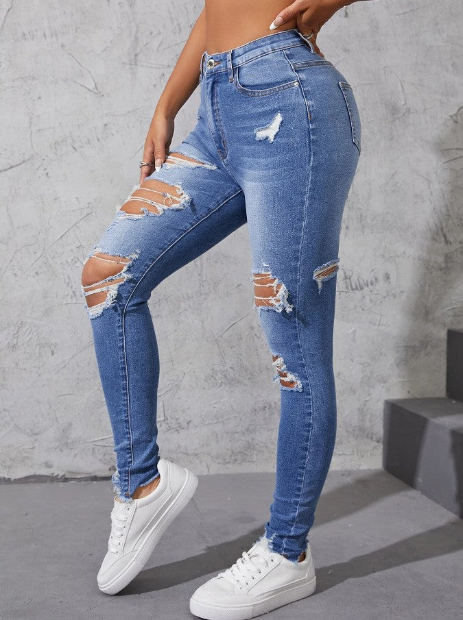 Washed Ripped Skinny Jeans Women's Spring and Fall New Fashion Street High-waisted Jeans Casual Small Leg Pants Pencil Pants