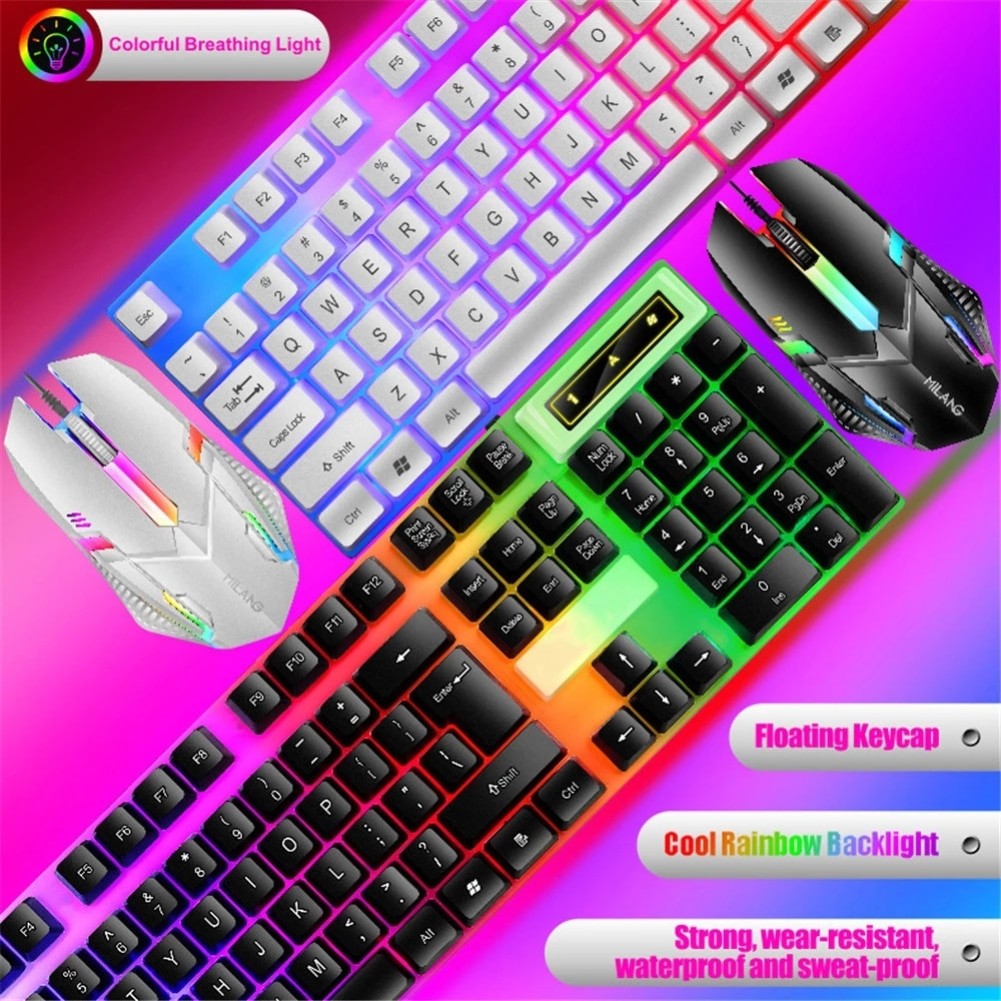 Teclado e Mouse com Fio e Retroiluminação Rainbow, Teclado com Teclas Flutuantes Forte, Resistente ao Desgaste, Sensação Confortável para Escritório Comercial